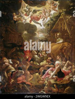 Annonciation aux bergers, Joachim Wtewael, 1595 - 1603 peinture de la proclamation aux bergers. Un groupe de bergers est réveillé la nuit par des anges qui apparaissent dans le ciel nuageux. Au premier plan bergers endormis avec quelques chiens, à droite se trouve une femme à côté d'une vache près d'un hangar. toile. Peinture à l'huile (peinture) annonçant la naissance du Christ aux bergers (et/ou bergers) la nuit ; une foule d'anges chantants dans l'air Banque D'Images