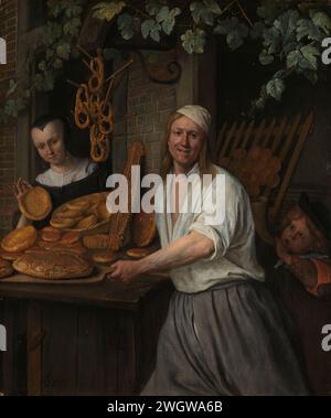 Le Baker Arent Oostwaard et son épouse Catharina Keizerswaard, Jan Havicksz. Steen, 1658 peignant des portraits de Leidse Bakker Arent Oostwaard (Arend Oostwaert) et de son épouse Catharina Keizerswaard (Catharina Keyzerswaert) avec toutes sortes de différents types de pain fraîchement cuit (sandwichs, Krakelingen, Cadets, Duivekater) pour la boulangerie. Dans la porte de la boulangerie, un garçon souffle sur une corne. Selon une inscription au dos du tableau, il s'agit du fils du peintre Thaddeus, à l'âge de 7 ans. Les vignes poussent au-dessus de la porte. panneau. boulanger pour peinture à l'huile. boulanger hornblowing (+ variante). Banque D'Images