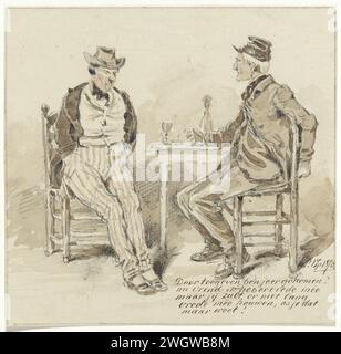 Deux hommes assis à une table, Pieter van Loon, 1870 papier à dessin. brosse à craie Banque D'Images