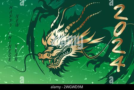 Golden Dragon, symbole de la célébration du nouvel an chinois 2024 sur fond vert. Signe du zodiaque Dragon. Image vectorielle. Illustration de Vecteur