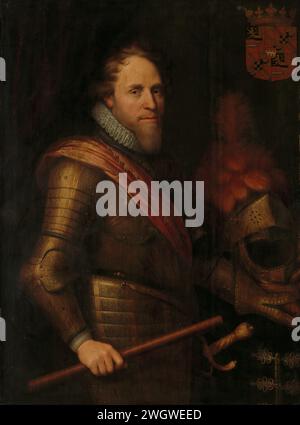 Portrait de Maurits (1567-1625), Prince d'Orange, Michiel Jansz van Mierevelt (atelier ou), c. 1607 - c. 1613 peinture Portrait de Maurits, Prince d'Orange. Coupé en deux, debout, en armure avec le commandosta dans la main droite, reposant la main gauche sur une table sur laquelle repose son casque. En haut à droite de l'arme de Maurits. panneau. peinture à l'huile (peinture) personnes historiques. souverain, souverain Banque D'Images