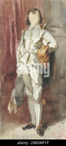 Garçon debout en costume de Van Dyck, posé contre un rideau rouge, Pierre François Eugène Giraud, d'après Thomas Gainsborough, d'après Richard Parkes Bonington, 1816 - 1881 dessin papier France. aquarelle (peinture). figurine debout de brosse à crayon Banque D'Images