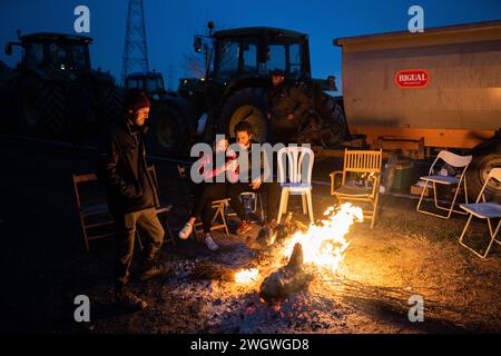 La Fondarella, Lleida, Espagne. 6 février 2024. Des centaines d'agriculteurs et d'éleveurs catalans bloquent l'accès à l'A-2 à la Fondarella, Lleida avec leurs tracteurs, rejoignant les manifestations au niveau européen dans le premier secteur. Les agriculteurs exigent la fin de la concurrence déloyale pour les produits importés de pays tiers, un soutien face aux prix excessifs dus aux effets de la sécheresse et une simplification de la bureaucratie. (Crédit image : © Marc Asensio Clupes/ZUMA Press Wire) USAGE ÉDITORIAL SEULEMENT! Non destiné à UN USAGE commercial ! Banque D'Images