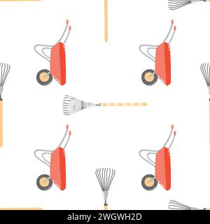 Modèle sans couture avec plante en pot et brouette. Outils de jardin de printemps dessinés à la main, équipement agricole, concept d'horticulture. Illustration de Vecteur