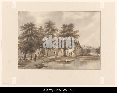 Vue d'une ferme sur l'eau, 1794 - 1858 dessin maison d'eau avec quelques figures et un bateau à rames amarré. Avant gauche une femme avec un panier sur le dos. Vue arrière droite d'une colline. stylo/pinceau en papier Banque D'Images