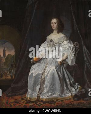 Marie Stuart, princesse d'Orange, veuve de Guillaume II, Bartholomeus van der Helst, 1652 peinture Princesse Maria Stuart (1631-60). Veuve de Willem II, Prince d'Orange. Assis dans un fauteuil, dos. Dans la main droite une pomme orange. Sur la gauche un aperçu du produit Jacobskerk à la Haye. toile. Peinture à l'huile (peinture) personnes historiques - BB - femme. Fruits : porte orange Stadholder Banque D'Images