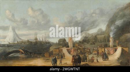La raffinerie d'huile de baleine près du village de Smerenburg, Cornelis de Man, 1639 peinture Beuingenburg sur Spitzberg était une colonie de baleines hollandaises. Le peintre n’a jamais été là et a combiné des images et des histoires qu’il connaissait. La montagne à gauche est probablement celle de Jan Mayen-Island (Beerenberg), en plus des mâts de baleines. Dans les fours de cuisson à larmes près de la plage, des morceaux de bacon de baleine hachés sont cuits et transformés en larmes liquides. Sur la gauche sur la plage, il y a un cadeau de baleine qui est soufflé. Arrière droite se trouvent les casernes des hommes. toile. peinture à l'huile (peinture) pêche aux baleines, wh Banque D'Images