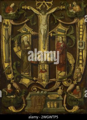 Monogramme du Christ combiné avec des instruments de la passion, anonyme, v. 1560 peignant l'Arma Christi. Le monogramme du Christ combiné avec les outils de la passion. Panneau du sud des pays-Bas. Peinture à l'huile (peinture) bras du Christ.' IHS ('Jésus' Sauveur')  symbole de Christ Banque D'Images