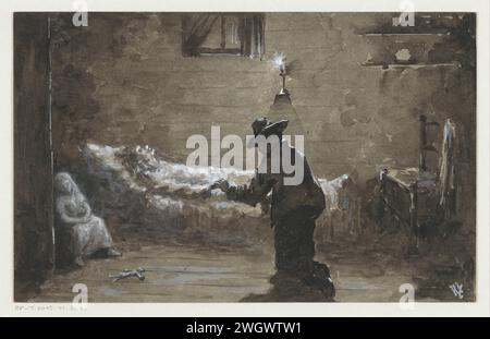 Homme s'agenouille sur le lit d'une femme, H.C. Louwerse, en 1910 ou avant dessin dans un départ éclairé par un homme, un homme s'agenouille sur le lit d'une femme. La femme est probablement en train de mourir. Il y a une fille dans un coin. Une poupée repose sur le sol devant elle. papier. aquarelle (peinture). peinture de pont. brosse à crayon pour lit de mort. silhouette agenouillée Banque D'Images