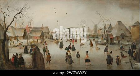 Patinage sur glace dans un village, Hendrick Avercamp, v. 1610 peinture divertissement sur glace dans un village. Visage de village en hiver avec de nombreuses figures patinant, jouant et pompant sur la glace. Deux personnes ont quitté la glace sur la gauche. Au loin un pont-levis et un panneau de mill. patins à peinture à l'huile (sports d'hiver). paysage d'hiver ; paysage symbolisant l'hiver (les quatre saisons de l'année). glace  temps glacial. 'kolf' sur la glace Banque D'Images