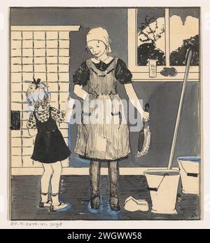 Fille avec des ustensiles de nettoyage, A. Tinbergen, c. 1925 - c. 1935 dessin dans une pièce une fille se tient entre les ustensiles de nettoyage. Il y a deux godets, un balai et des sabots sur le sol. Il y a une éponge dans le rebord de la fenêtre. La jeune fille a un pinceau à la main et regarde une jeune fille debout à côté d'elle. papier. Encre de Inde (encre). encre. crayon. nettoyage du stylo de peinture de pont / brosse (la maison). récipient en métal : seau, canette, bidon, tambour, étain Banque D'Images