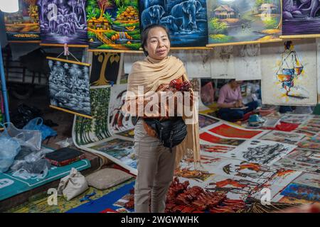 Art, souvenirs et vêtements dessinés à vendre au marché nocturne de Luang Prabang au Laos Asie Banque D'Images