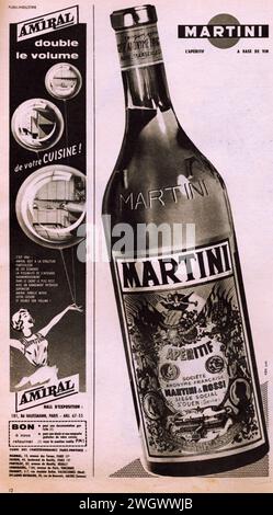 Martini Aperitiv publicite, Martini vintage French commercial 1957, bouteille de Martini, cuisine amirale Banque D'Images