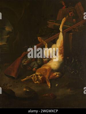 Un sac de chasseur, avec lièvre mort, Melchior d'Hondecoeter, 1660 - 1695 peinture tir de chasse avec lièvre mort. Nature morte avec un lièvre mort, quelques oiseaux, un cor de chasse, un fusil, un filet à oiseaux et des piquets. toile. peinture à l'huile (peinture) viande ; nature morte de la viande. butin de la chasse, du gibier, de la venaison. rongeurs : lièvre Banque D'Images