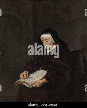 Vieille femme méditant, Gabriël Metsu, c. 1661 - c. 1663 peinture une vieille femme lit assis sur une chaise à partir d'un livre. Elle utilise des lunettes dans sa main droite pour lire le texte. panneau. peinture à l'huile (peinture) vieille femme. lecture. lunettes, lunettes. Livre - MM - livre ouvert Banque D'Images