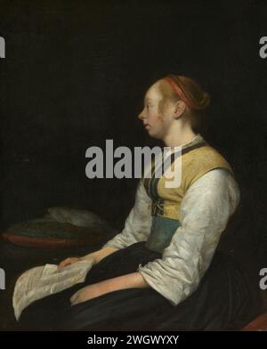 Fille assise en costume paysan, Gerard ter Borch (II), c. 1650 - c. 1660 peinture jeune femme assise dans le costume d'une fille de fermier. Probablement un portrait de Gesina ter Borch, la demi-sœur du peintre. Une feuille de papier imprimée dans la main droite. panneau. Peinture à l'huile (peinture) figure assise - AA - figure humaine féminine. feuille imprimée unique : grand format, feuillet Banque D'Images