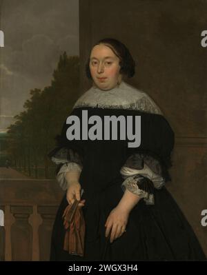 Aletta van Ravensberg (1635-77), épouse de Jan van Nes, Ludolf de Jongh, 1668 peinture Portrait d'Aletta van Ravensberg, épouse de Jan van Nes. Debout, à mi-chemin, devant une balustrade. Gants et ventilateur dans la main droite. Un jardin ou un parc en arrière-plan. Pendentif de SK-A-196. toile. Peinture à l'huile (peinture) personnes historiques - BB - femme Banque D'Images