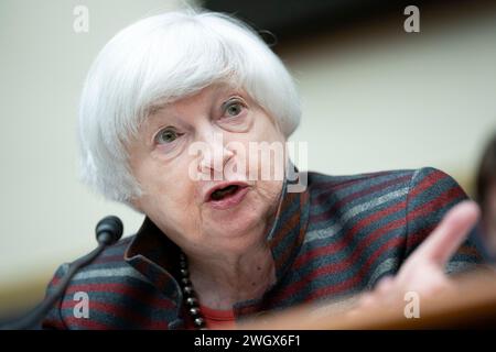 Washington, États-Unis. 06th Feb, 2024. La secrétaire au Trésor Janet Yellen prend la parole lors d'une audience du Comité des services financiers de la Chambre au Capitole des États-Unis à Washington, DC, le mardi 6 février 2024. Photo de Bonnie Cash/UPI crédit : UPI/Alamy Live News Banque D'Images