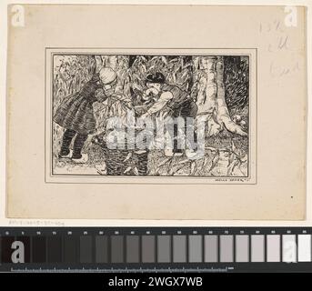 Garçon et fille collectionnent des branches et des feuilles, 1895 - 1950 dessin Un garçon et une fille sont debout à deux troncs d'arbre, peut-être sur une lisière de forêt, et cueillent des branches et des feuilles. À côté d'eux se trouve un panier plein de feuilles. Verso une étude au stylo noir. carton. Encre de Inde (encre). stylo crayon garçon (enfant entre le tout-petit et le jeune). fille (enfant entre tout-petit et jeune). arbres (+ tige, tronc). récipient en matière végétale autre que le bois : panier Banque D'Images