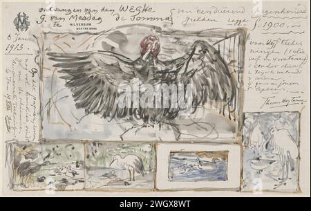 Cinq esquisses d'œuvres de Vogels, Theo van Hoytema, 1913 dessin preuve de réception de 1900 florins, daté du 6 janvier 1913, sur lequel cinq esquisses d'œuvres d'oiseaux peintes par Hoytema sur papier à en-tête de G. van Mesdag. papier. aquarelle (peinture) oiseaux de pinceau. image, peinture. dessin, esquisse Banque D'Images