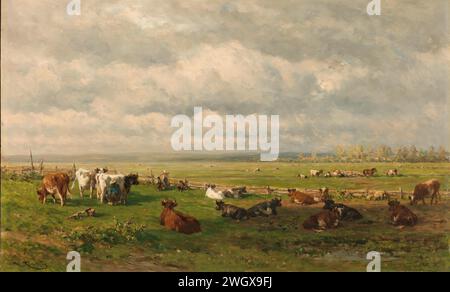 Paysage de prairie avec des bovins, Willem Roelofs (I), c. 1880 peinture paysage de prairie avec des vaches. Sur la gauche, un fermier traite une vache, à côté de lui se trouve un joug et un seau. Une femme avec un joug sur les épaules et deux enfants passent devant une clôture. panneau. peinture à l'huile (peinture) vache Banque D'Images