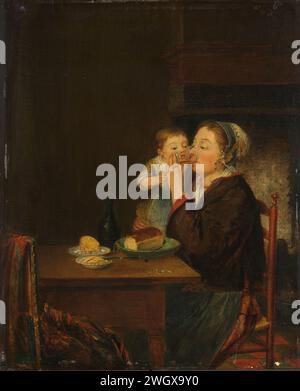 Une mère et son enfant, Louis Bernard Coclers, 1794 peignant Une mère assise à une table avec son enfant sur son bras boit dans un verre. Devant elle, sur la table, il y a un pain, du beurre, du fromage et une bouteille. Sur la droite une cheminée. panneau. peinture à l'huile (peinture) mère et bébé ou jeune enfant Banque D'Images