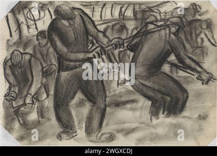 Récolteuses de pommes de terre sur terre, Leo Gestel, 1925 - 1927 dessin récolteuses de pommes de terre travaillant sur la terre, au premier plan à gauche un agriculteur debout avec chapeau et faux, à droite un agriculteur vu sur le dos avec des outils à la main, en arrière-plan, les agriculteurs qui récoltent des pommes de terre à genoux avec un panier à côté d'eux sur le sol. Papier Flandre. craie récoltant, cueillette, tonte  récolte. pommes de terre Banque D'Images