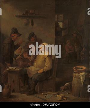 Mason fumant avec des compagnons dans une taverne, David Teniers (II), c. 1675 peignant le maçon fumant. Dans une auberge, un groupe de fermiers s'est réuni autour d'un maçon assis qui fume une pipe. Un chien renifle ses outils sur le sol, en arrière-plan quelques figures autour d'une cheminée. panneau. peinture à l'huile (peinture) inn, café, maison publique, etc. pipe  tabac. mason au travail Banque D'Images