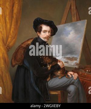 Autoportrait, Louis Meijer, 1838 peinture Autoportrait du peintre Louis Meijer. Assis derrière l'âne, avec un chien sur vos genoux. Un béret noir sur la tête. Sur l'âne se trouve une peinture avec un paysage marin. Sur une table sur une table la boîte de peinture avec palette et pinceaux. toile. peinture à l'huile (peinture) personnes historiques. portrait, autoportrait d'artiste. portrait, autoportrait de peintre Banque D'Images