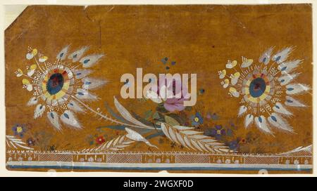 Trois fleurs, Anonyme, 1760 - 1770 dessin d'un ornement de trois fleurs le long d'une bordure avec un motif répétitif. Design pour une broderie pour un cardigan en soie ou une robe de chambre. peinture de pont. gouache (peinture) fleurs de pinceau  ornement Banque D'Images