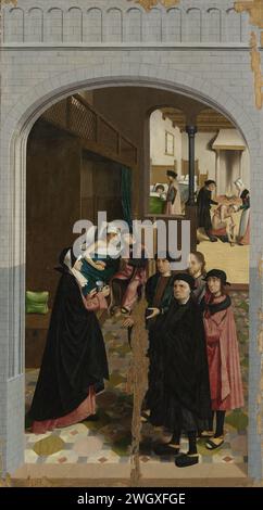 Les sept œuvres de la miséricorde, maître d'Alkmaar, 1504 peinture les sept œuvres de la miséricorde. 6 : rendre visite aux malades. Un groupe de citoyens, y compris Christ, rend visite à un homme malade. En arrière-plan, les malades sont dispensés dans un hôpital dans un hôpital. Partie d'une série de sept peintures avec des représentations des sept œuvres de Mercy. panneau. Peinture à l'huile (peinture) visitant les malades, 'Aeger curatur'  l'un des (sept) actes de Miséricorde Banque D'Images