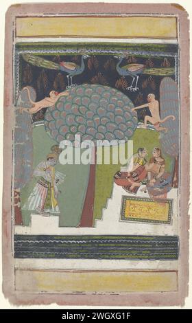 Krishna et deux femmes dans un jardin, anonyme, c. 1620 - c. 1640 miniature indienne. Dessinant dans un jardin de nuit, deux dames parlantes sont assises sur un tapis qui est sur une terrasse blanche ; au milieu et à gauche et à droite il y a des arbres entre lesquels deux singes se balancent d'avant en arrière et par le ciel du soir sont deux paons au-dessus de l'arbre au milieu; à gauche de l'arbre du milieu, Krishna arrive avec un bâton rouge dans les mains. En bas et en haut de l'exposition pneus décoratifs larges, une bande avec zigzag blanc et des lignes ombragées en bas sur un fond vert, en haut une bande verte plus étroite avec Banque D'Images