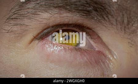 Bel œil brun masculin clignotant et attentif regardant à côté de la caméra, vue extrême de près bas angle. Perspective, perception et vue Banque D'Images