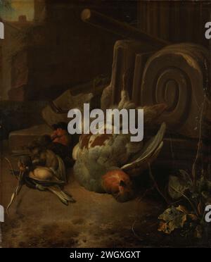 Oiseaux morts, Melchior d'Hondecoeter, c. 1660 - c. 1665 peignant Une perdrix et, de haut en bas, sont un orfèvre, deux moineaux de maison et un donjon (Fringilla Montifringilla) liés par une branche contre un socle de pierre sur lequel se trouve une console tombée d'une ruine antique. toile. peinture à l'huile (peinture) fowling, fowler. butin de la chasse, du gibier, de la venaison. oiseaux. denrées alimentaires ; nature morte des denrées alimentaires Banque D'Images
