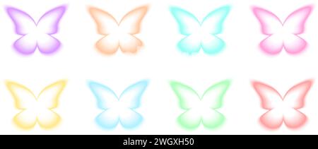 Formes de papillon colorées dans un style flou holographique. Ensemble de stickers y2k tendance avec effet aura dégradé isolé sur fond sombre. Illustration vectorielle Illustration de Vecteur
