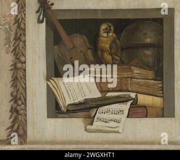 Natures mortes avec livres, partitions, violon, Celestial Globe and an Owl, 1645 - 1650 peinture partie de neuf pièces de peinture pour la maison Beekhoven, plus tard appelée Hoogerhuis, près de Randenbroek près d'Amersfoort, la maison de campagne de Jacob van Campen. panneau. panneau de particules. durée de vie morte de peinture à l'huile des objets associés. livre. Notation de la musique Hofstede Randenbroek Banque D'Images
