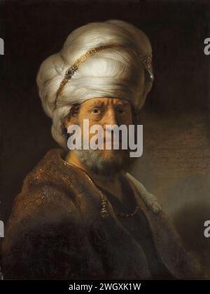 Homme en habillement oriental, Rembrandt van Rijn, 1635 buste peint d'un homme en habillement oriental, à droite. Sur la tête un turban avec une chaîne dorée sur laquelle une grande gemme. panneau. peinture à l'huile (peinture) coiffe : turban. barbe. vieil homme Banque D'Images