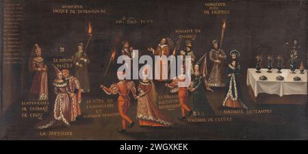 Vœu du faisan (Philippe le bon et Isabelle à la Fête du faisan à Lille en 1454), anonyme (copie d'après), c. 1500 - c. 1599 peinture 'le voeu du Faisan', le banquet ou la fête du faisan. Philippe de Goede et Isabella van Bourbon présents lors d'un banquet donné le 17 février 1454 par Madame d'estampes au château de Rihour à l'occasion de leur serment solennel de faire une croisade pour reprendre la Terre Sainte. Sur la droite une table, deux musiciens en arrière-plan. Les invités portent des torches brûlantes. Copie tardive à une toile originale inconnue de France. banquet de peinture à l'huile (peinture) d'elegan Banque D'Images