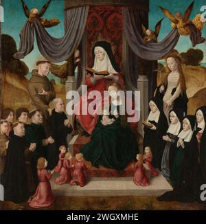 Vierge à l'enfant avec Sainte Anne et Saints François et Lidwina, avec des donateurs (Anna selbdritt), Maître des panneaux de Saint Jean, c. 1490 - c. 1500 peinture de la Sainte Anne en trois. Anna est sur le trône, lisant dans un livre. A ses pieds, Marie est assise avec l'enfant Christ sur ses genoux. A gauche, six fondateurs masculins s’agenouillent en culte avec Saint François, à droite quatre fondateurs avec la Sainte Lidwina. Cinq enfants s'agenouillent sur les escaliers du trône. Les anges en l'air gardent les rideaux de chaque côté du trône. panneau. Peinture à l'huile (peinture) 'Anna selbdritt', c'est-à-dire Anna, Marie et Christ-enfant proche Banque D'Images