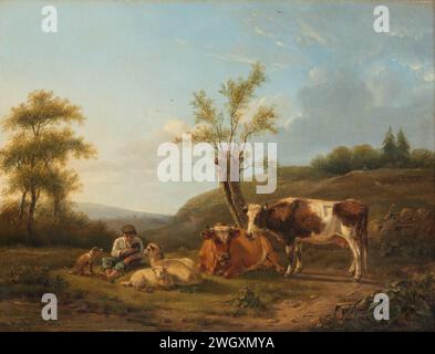 Paysage avec bétail près de Darthuizen, Hendrik Stokvisch, 1814 peinture paysage avec bétail près de Darthuizen. Un berger assis dans l'herbe dans un chien, deux moutons et deux vaches. panneau. peinture à l'huile (peinture) basse montagne. vache. berger, berger, berger, berger, berger, vacher, etc Darthuizen Banque D'Images