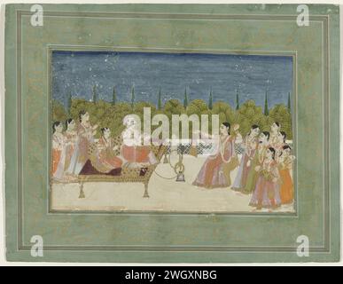Prince avec musiciens, Anonyme, 1770 - 1790 miniature indienne. Dessin il y a un couple royal laissé sur un tabouret doré sur une terrasse blanche ; l'homme tient le serpent du narguilé, la femme derrière lui un tampura, laissé derrière le tabouret trois serviteurs; sur la droite avant le tabouret une femme dansante avec un groupe de femmes derrière elle, dont certaines tiennent un instrument de musique ; derrière la terrasse buissons et cyprès. Le spectacle se trouve dans des cadres de noir, rouge et blanc, une garniture dorée autour du bord intérieur, le bord extérieur de la feuille est en bleu ciel avec des vignes de feuilles, les bords verticaux aussi larges que hor Banque D'Images