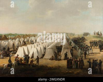 Le camp militaire de Rijen, Anonyme, 1831 - 1835 peinture camp militaire des troupes néerlandaises à Rijen, dans ou après la campagne de dix jours en 1831. Longues rangées de tentes blanches, marchant des soldats sur la droite, au premier plan quelques visiteurs. Peinture à l'huile des pays-Bas (peinture). Camp de toile (militaire) avec tentes Rows Banque D'Images