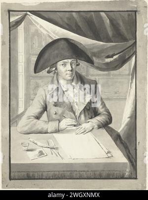 Autoportrait de Hendrik Kuipers, assis derrière une table, caractéristique, Hendrik Kuipers, 1790 - 1800 papier à dessin. pinceau graphite (minéral) Banque D'Images