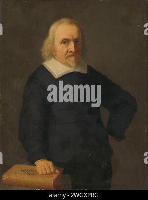 Portrait d'un homme, anonyme, v. 1650 peinture Portrait d'un homme. Coupé en deux, debout à droite, appuyé avec la main droite sur un livre sur une table, la main gauche sur le côté. Panneau Holland. peinture à l'huile (peinture) personne historique anonyme représentée Banque D'Images