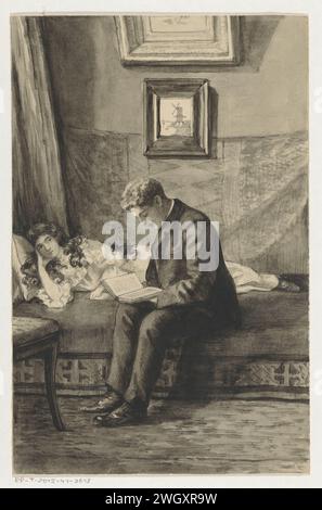 Jeune homme lit fille pour, Anna Maria Kruijff, dans ou avant 1905 dessin Une fille est couchée sur un canapé. A côté d'elle se trouve un homme qui lit un livre. papier. aquarelle (peinture). pinceau-crayon lisant à quelqu'un. Figure couchée - AA - figure humaine féminine Banque D'Images