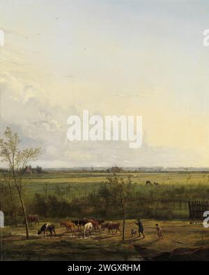 Vue lointaine des prairies à 's-Graveland, Pieter Gerardus van OS, 1817 peinture vue sur les prairies à 's-Graveland. Au premier plan, un chauffeur de bétail avec un troupeau de vaches près du front de mer. Derrière elle, les prairies avec ici et là étirent le bétail ou une maison à l'horizon. Pendentif de SK-A-3230. toile. peinture à l'huile (peinture) vache. Prairie, pâturage 's-Graveland Banque D'Images