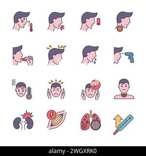 Ensemble d'icônes vectorielles liées aux symptômes du coronavirus. Contient des icônes telles que maux de tête, fièvre, haute température, pneumonie, mal de gorge, toux, douleurs musculaires, k Illustration de Vecteur