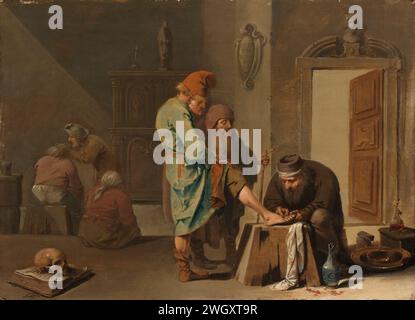 L'opération du pied, Pieter Jansz Quast, 1630 - 1647 peinture de la chirurgie du pied. Dans un intérieur, un chirurgien regarde le pied d'un vieil homme. Sur la droite sur le sol une boîte en métal et une planche de rasage. A gauche, un homme laisse un rocher lui couper la tête, une femme est assise à côté de lui. A gauche au premier plan un livre avec un crâne. En arrière-plan un placard avec une statue de saints. panneau. peinture à l'huile (peinture) examen médical, traitement médical. Opération de pierre, par exemple : par la sorcière de Malleghem. autres 'opérations'. pied Banque D'Images