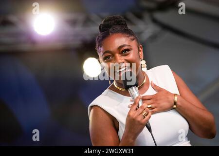 Samara Joy se produit en quad au Newport Jazz Festival 2023 au Fort Adams à Newport, Rhode Island, le 6 août 2023. Banque D'Images