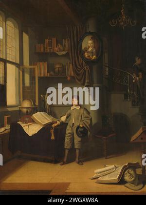 Jeune homme dans une étude, Adriaen van Gaesbeeck, 1640 - 1650 garçon en peinture debout devant une table de travail dans un intérieur d'une étude. Sur la table un livre ouvert, une carte, un luth, un set d'encre, un globe et une statue de Vénus. Rouler les planches murales et une carte contre le mur. Au premier plan, il y a un livre, une carte et une tête en plâtre sur le sol. Sur la droite un escalier menant à l'étage supérieur, sur les escaliers une fille avec un livre court sous le bras. Au milieu une colonne avec une peinture avec un portrait d'enfant. Dans le passé, le garçon a été identifié à tort comme Hugo de Groot. panneau. peinture à l'huile (peinture) érudit dans Banque D'Images